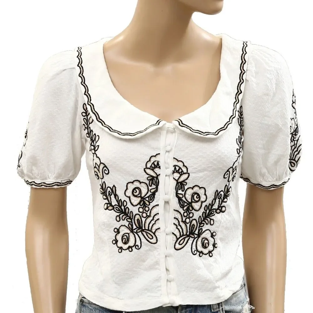 By Anthropologie Embroidered Button-Front Collared Blouse Top White XXS 286640
